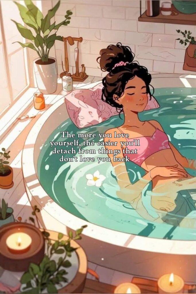 Une jeune femme qui prend un bain chaud tranquille, avec en légende "The more you love yourself, the easier you'll detach from things that don't love you back"
